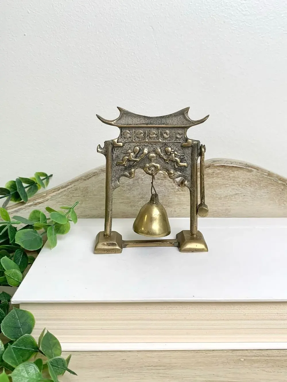 Vintage Lobeco Brass Pagoda Gong Miniature Bell With Striker Chinoiserie Decor
